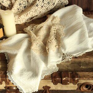 Vintage 1940s Crochet Doily and Linen Table Runner, Ivory and White with Lace